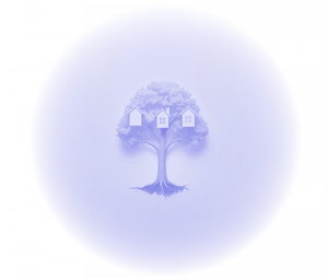 Un arbre avec ses racines et des maisons illustrant la transmission de patrimoine
